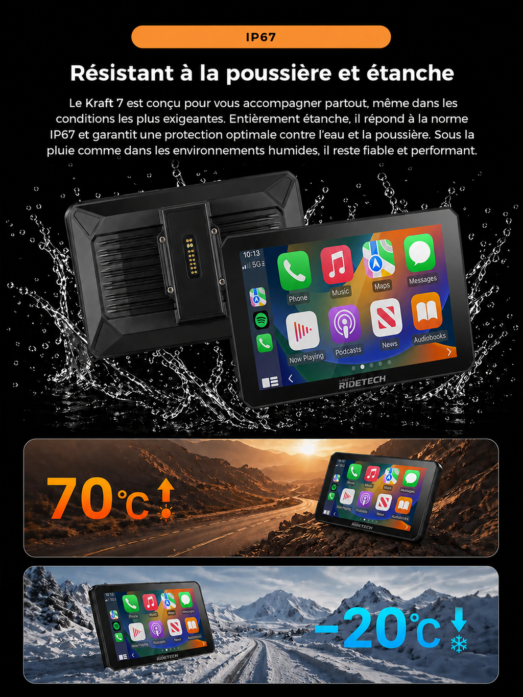 Kraft 7 - Grand Écran CarPlay 7 Pouces pour Motos BMW, CarPlay et Android Auto, Plug & Play