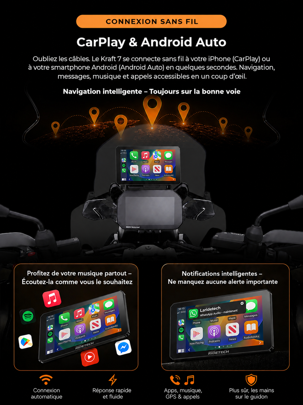 Kraft 7 - Grand Écran CarPlay 7 Pouces pour Motos BMW, CarPlay et Android Auto, Plug & Play