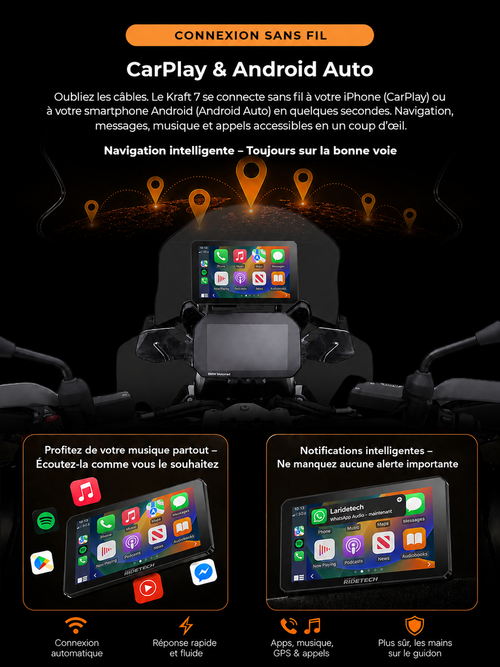 Kraft 7 - Grand Écran CarPlay 7 Pouces pour Motos BMW, CarPlay et Android Auto, Plug & Play