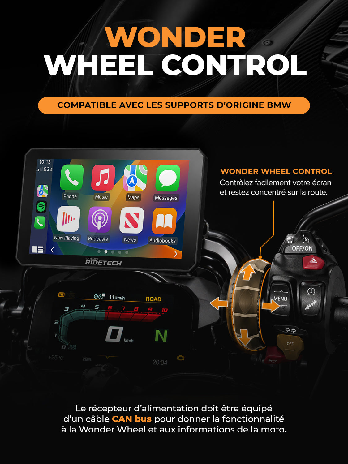 Kraft 7 - Grand Écran CarPlay 7 Pouces pour Motos BMW, CarPlay et Android Auto, Plug & Play