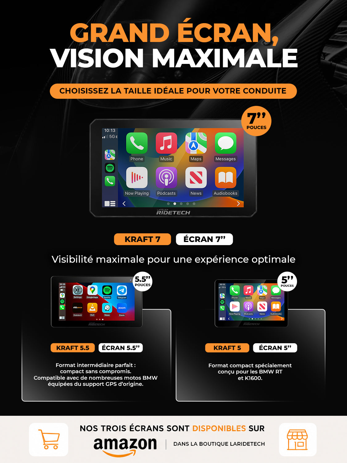 Kraft 7 - Grand Écran CarPlay 7 Pouces pour Motos BMW, CarPlay et Android Auto, Plug & Play